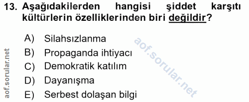 13. soru: Aşağıdakilerden hangisi şiddet karşıtı kültürlerin özelliklerinden biri değildir? A) Silahsızlanma B) Propaganda ihti…