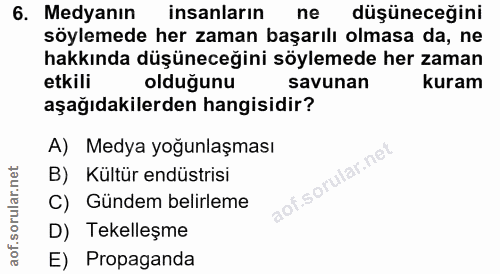 6. soru: Medyanın insanların ne düşüneceğini söylemede her zaman başarılı olmasa da, ne hakkında düşüneceğini söylemede her za…