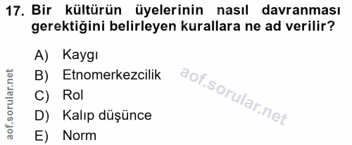 17. soru: Bir kültürün üyelerinin nasıl davranması gerektiğini belirleyen kurallara ne ad verilir? A) Kaygı B) Etnomerkezcilik…