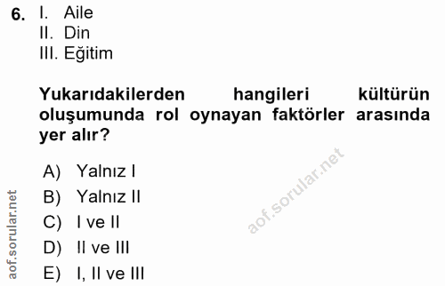 6. soru: I. Aile II. Din IlI. Egitim Yukarıdakilerden hangileri kültürün oluşumunda rol oynayan faktörler arasında yer alır? A…