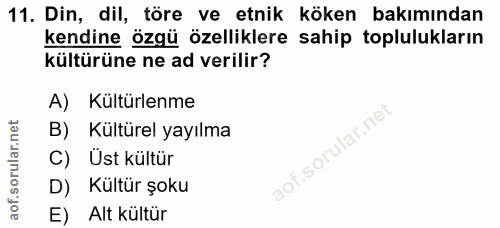 11. soru: Din, dil, töre ve etnik köken bakımından kendine özgü özelliklere sahip toplulukların kültürüne ne ad verilir? A) Kül…