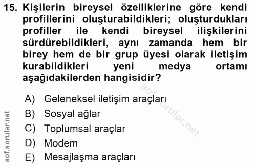 15. soru: Kişilerin bireysel özelliklerine göre kendi profillerini oluşturabildikleri; oluşturdukları profiller ile kendi birey…