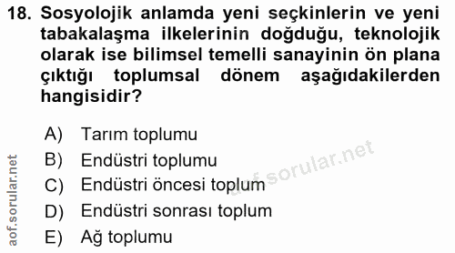 18. soru: Sosyolojik anlamda yeni seçkinlerin ve yeni tabakalaşma ilkelerinin doğduğu, teknolojik olarak ise bilimsel temelli s…