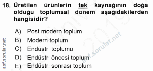 18. soru: Üretilen ürünlerin tek kaynağının doğa olduğu toplumsal dönem aşağıdakilerden hangisidir? A) Post modern toplum lar.n…