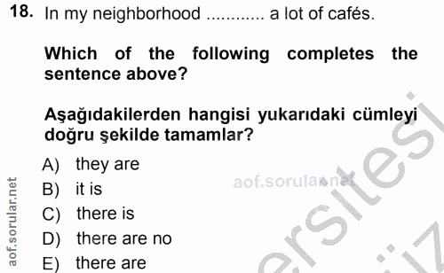 18. soru: In my neighborhood a lot of cafés. Which of the following completes the sentence above? Aşağıdakilerden hangisi yukar…