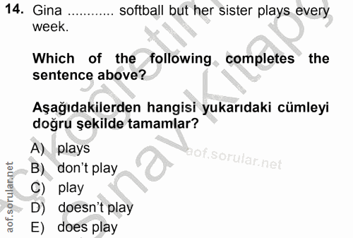 14. soru: Gina softball but her sister plays every week. Which of the following, completes the sentence above? Aşağıdakilerden…