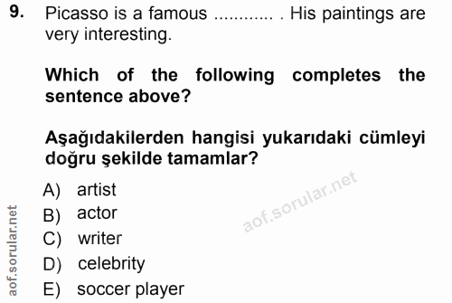 9. soru: Picasso is a famous . His paintings are very interesting. Which of the following completes the sentence above? Aşağıd…