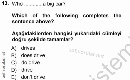 13. soru: Who a big car? Which of the following completes the sentence above? Aşağıdakilerden hangisi yukarıdaki cümleyi doğru…