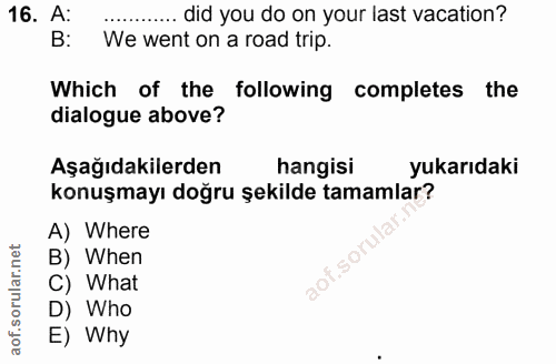 16. soru: A: ... did you do on your last vacation? B: We went on a road trip. Which of the following completes the dialogue abo…