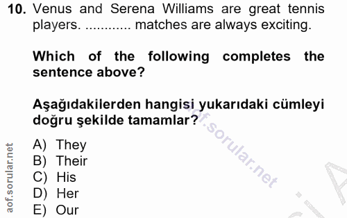 10. soru: Venus and Serena Williams are great tennis players. ..... ... matches are always exciting. Which of the following com…