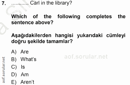 7. soru: Carl in the library? Which of the following completes the sentence above? Aşağıdakilerden hangisi yukarıdaki cümleyi…