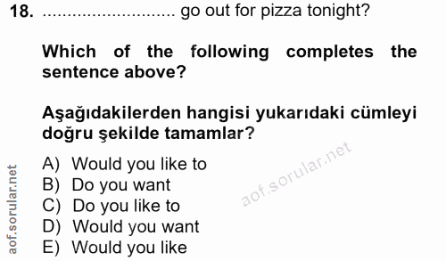 18. soru: go out for pizza tonight? Which of the following completes the sentence above? Aşağıdakilerden hangisi yukarıdaki cüm…