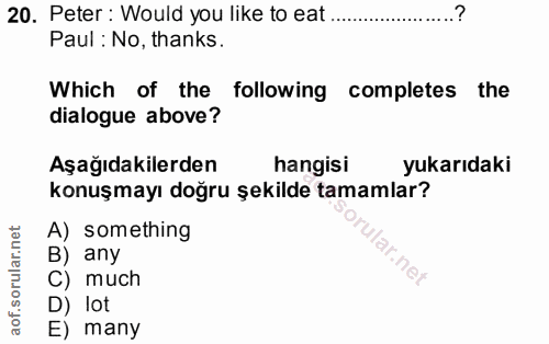20. soru: Peter : Would you like to eat Paul : No, thanks. Which of the following completes the dialogue above? Aşağıdakilerden…