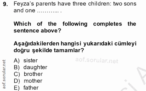 9. soru: Feyza's parents have three children: two sons and one.... Which of the following completes the sentence above? Aşağıd…