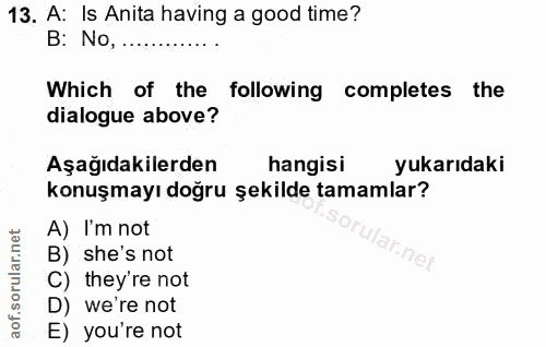 13. soru: A: Is Anita having a good time? B: No, ......... Which of the following completes the dialogue above? Aşağıdakilerden…