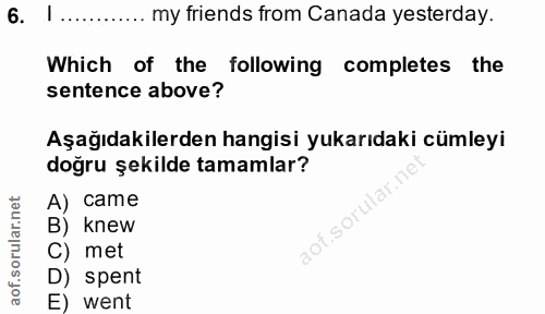 6. soru: I... my friends from Canada yesterday. Which of the following completes the sentence above? Aşağıdakilerden hangisi y…