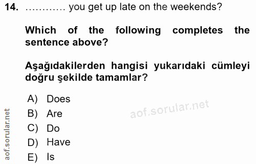 14. soru: . you get up late on the weekends? Which of te followig completes the sentence above? Aşağıdakilerden hangisi yukarıd…