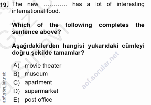 19. soru: The new has a lot of interesting international food Which of the following completes the sentence above? Aşağıdakiler…