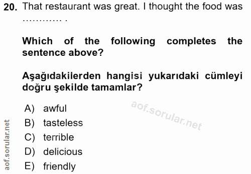 20. soru: That restaurant was great. I thought the food was Which of the following completes the sentence above? Aşağıdakilerde…