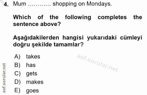 4. soru: Mum …… shopping on Mondays. Which of the following completes . the sentence above? Aşağıdakilerden hangisi yukarıdaki…