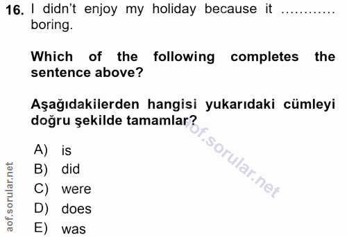 16. soru: ! didn't enjoy my holiday because it boring. Which of the following completes the sentence above? Aşağıdakilerden han…