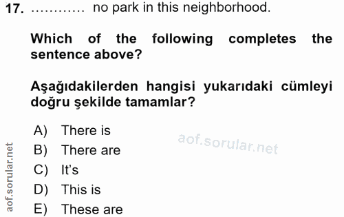 17. soru: ............ no park in this neighborhood. Which of the following completes the sentence above? Aşağıdakilerden hangi…