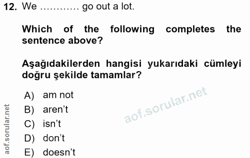 12. soru: We ............ go out a lot. Which of the following completes the sentence above? Aşağıdakilerden hangisi yukarıdaki…