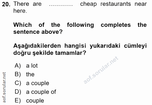 20. soru: There are cheap restaurants near here. Which of the following completes the sentence above? Aşağıdakilerden hangisi y…