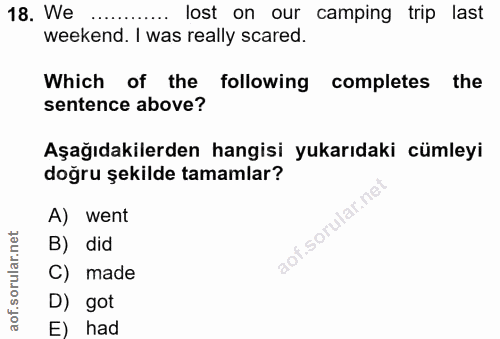 18. soru: We lost on our camping trip last weekend. I was really scared. Which of the following completes the sentence above? A…