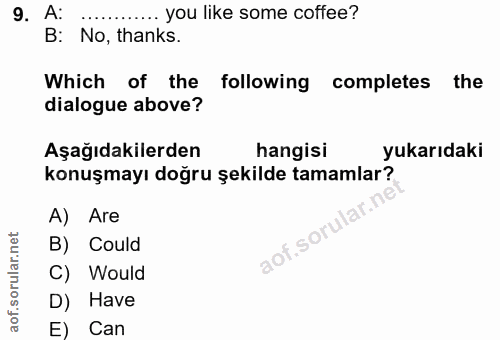 9. soru: A: .... you like some coffee? B: No, thanks. Which of the following completes the dialogue above? Aşağıdakilerden han…