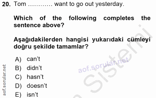 20. soru: Tom .. want to go out yesterday. Which of the following completes the sentence above? Aşağıdakilerden hangisi yukarıd…