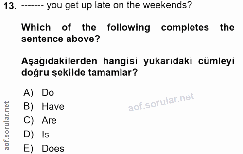 13. soru: - you get up late on the weekends? Which of the following completes the sentence above? Aşağıdakilerden hangisi yukar…