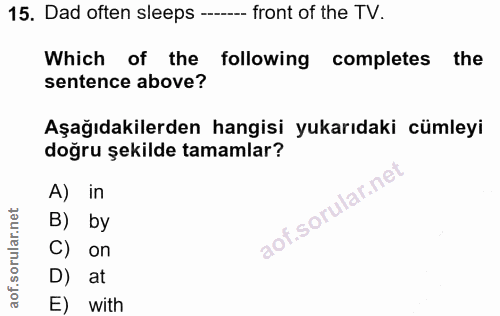 15. soru: Dad often sleeps -. front of the TV. Which of the following completes the sentence above? Aşağıdakilerden hangisi yuk…