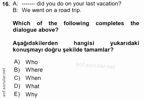 16. soru: A: — did you do on your last vacation? B: We went on a road trip. Which of the following completes the dialogue above…