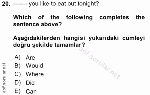 20. soru: - you like to eat out tonight? Which of the following completes the sentence above? Aşağıdakilerden hangisi yukarıdak…