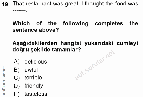 19. soru: That restaurant was great. I thought the food was Which of the following completes • the sentence above? Aşağıdakiler…