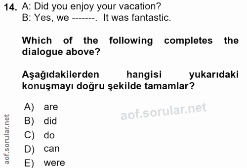 14. soru: A: Did you enjoy your vacation? B: Yes, we --_. It was fantastic. Which of the following completes the dialogue above…