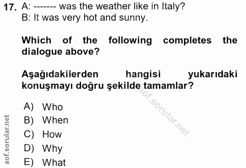 17. soru: A: -- was the weather like in Italy? B: It was very hot and sunny. Which of the following completes the dialogue abov…