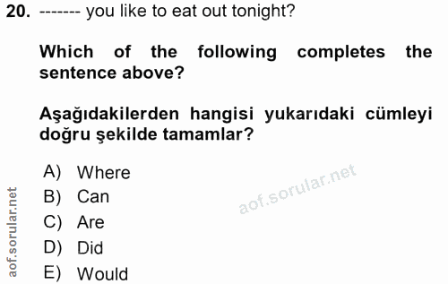 20. soru: -- you like to eat out tonight? Which of the following completes the sentence above? Aşağıdakilerden hangisi yukarıda…
