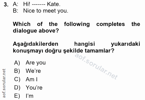3. soru: A: Hi! --- Kate. B: Nice to meet you. Which of the following completes the dialogue above? Aşağıdakilerden hangisi yu…