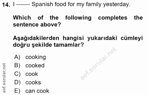 14. soru: 1 ----- Spanish food for my family yesterday. Which of the following completes the sentence above? Aşağıdakilerden ha…