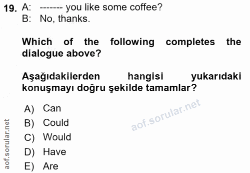 19. soru: A: -- you like some coffee? B: No, thanks. Which of the following completes the dialogue above? Aşağıdakilerden hangi…