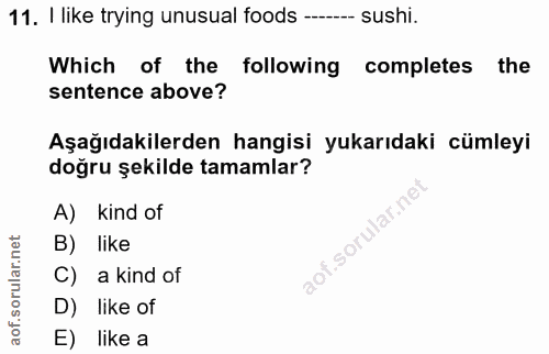11. soru: I like trying unusual foods ------- sushi. Which of the : following completes the sentence above? Aşağıdakilerden han…