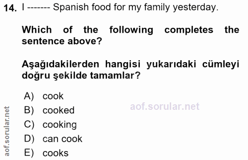 14. soru: 1 ---- Spanish food for my family yesterday. Which of the following completes the sentence above? Aşağıdakilerden han…