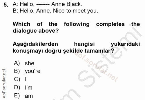 5. soru: A: Hello, --- Anne Black. B: Hello, Anne. Nice to meet you. Which of the following completes the dialogue above? Aşağ…