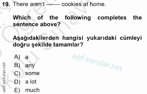 19. soru: There aren't --. cookies at home. Which of the following completes the sentence above? Aşağıdakilerden hangisi yukarı…