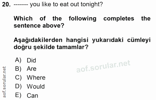 20. soru: ----- you like to eat out tonight? Which of the following| completes the sentence above? Aşağıdakilerden hangisi yuka…