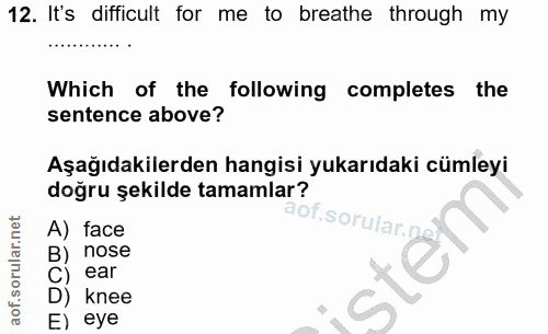 12. soru: It's difficult for me to breathe through my Which of the following completes the sentence above? Aşağıdakilerden hang…
