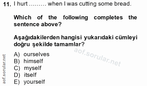 11. soru: I hurt......... when I was cutting some bread. Which of the following completes the sentence above? Aşağıdakilerden h…