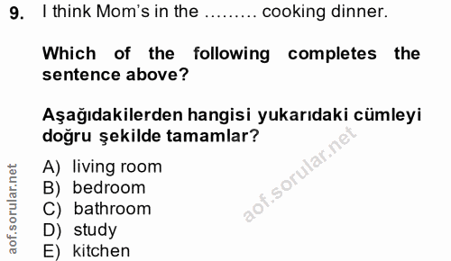 9. soru: I think Mom's in the ......... cooking dinner. Which of the following completes the sentence above? Aşağıdakilerden h…